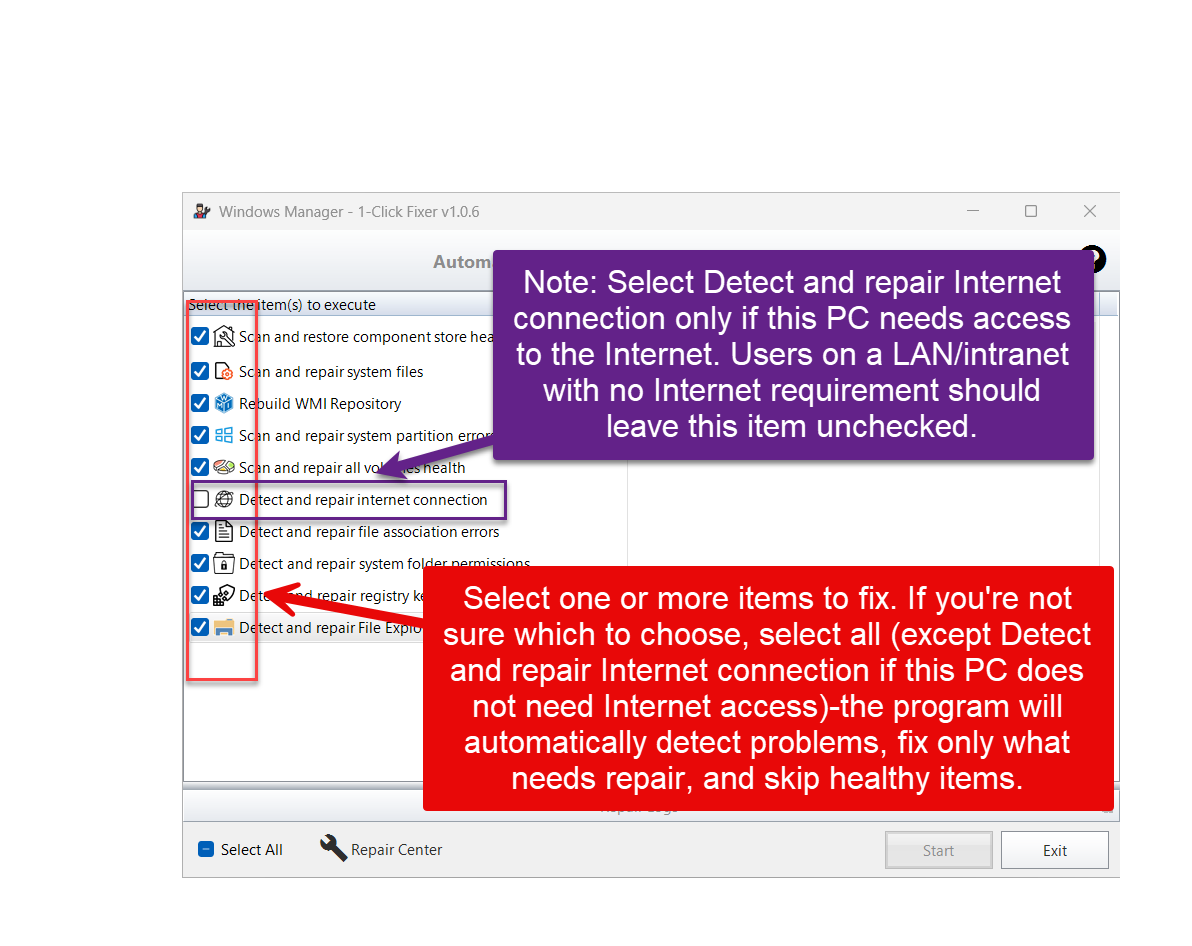 1-Click Fixer main window: selecting repair tasks, Internet connection item left unchecked on LAN PCs
