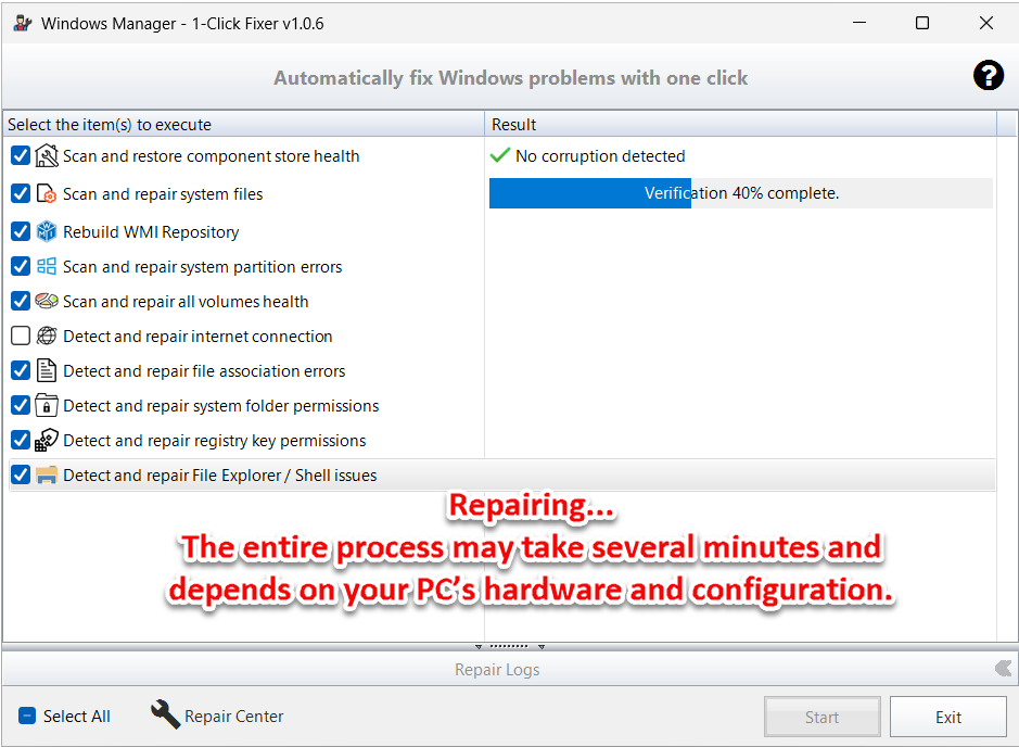 1-Click Fixer running: Repairing message and SFC progress bar