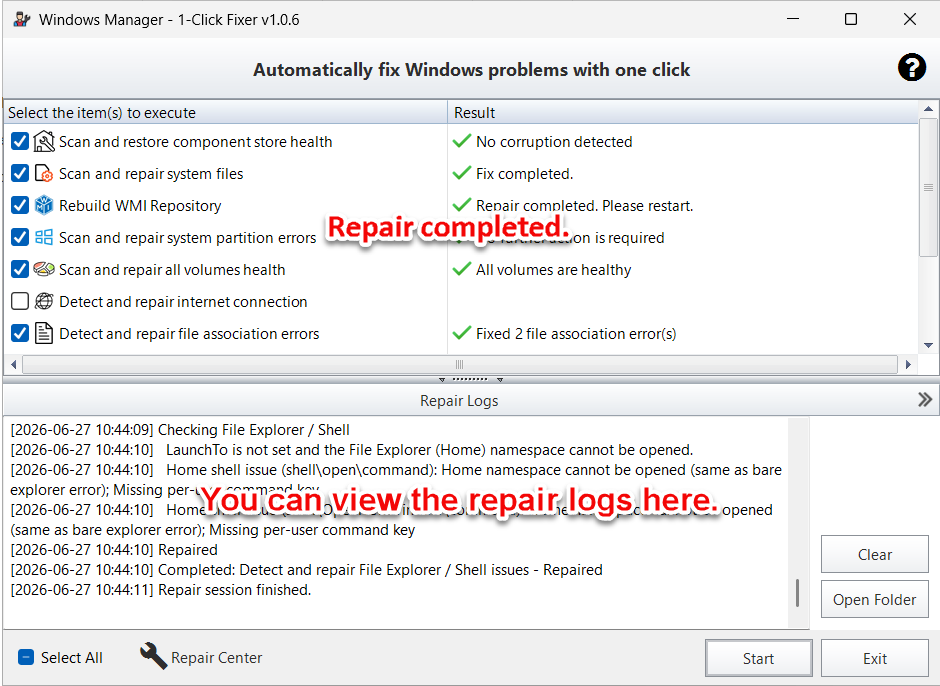 1-Click Fixer finished: Result column summaries and detailed Repair Logs