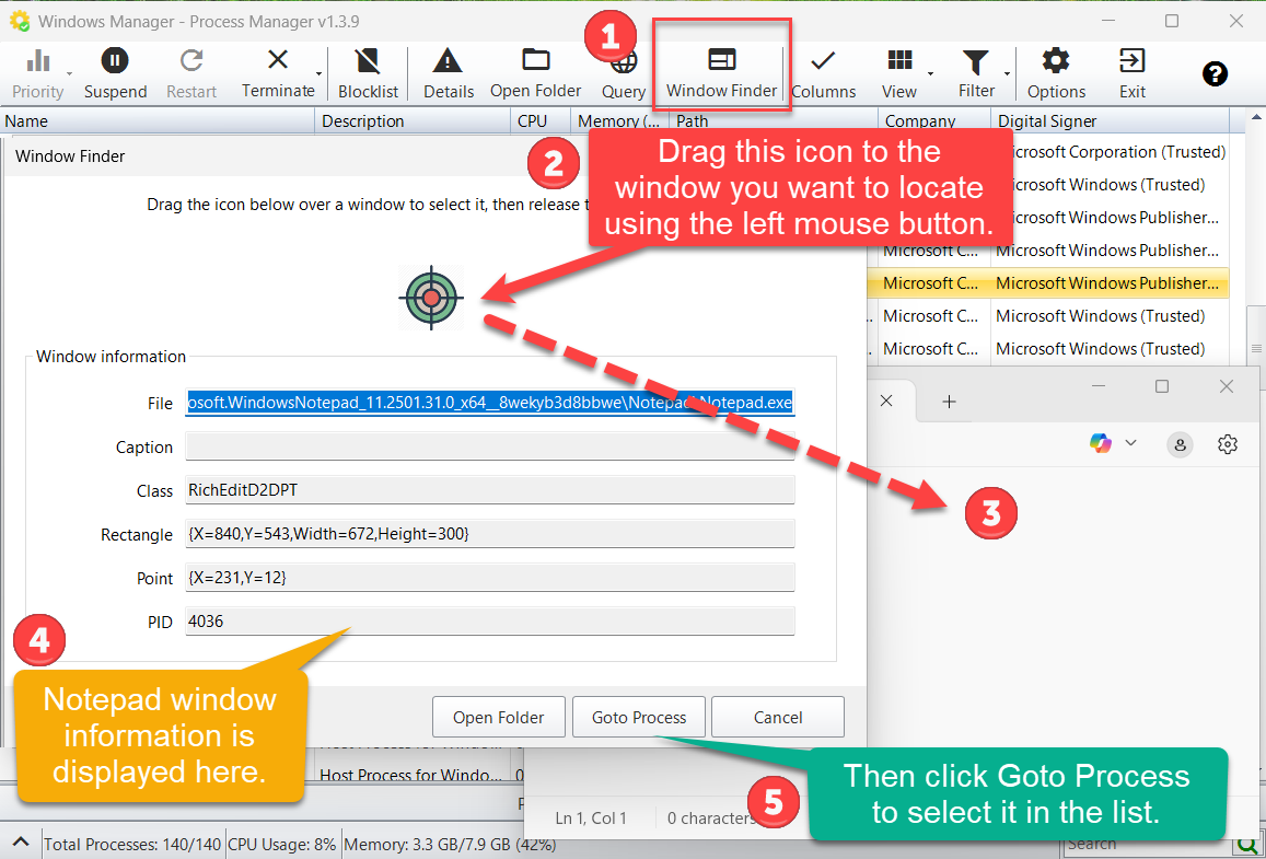 Window Finder: drag icon onto a window, then Goto Process