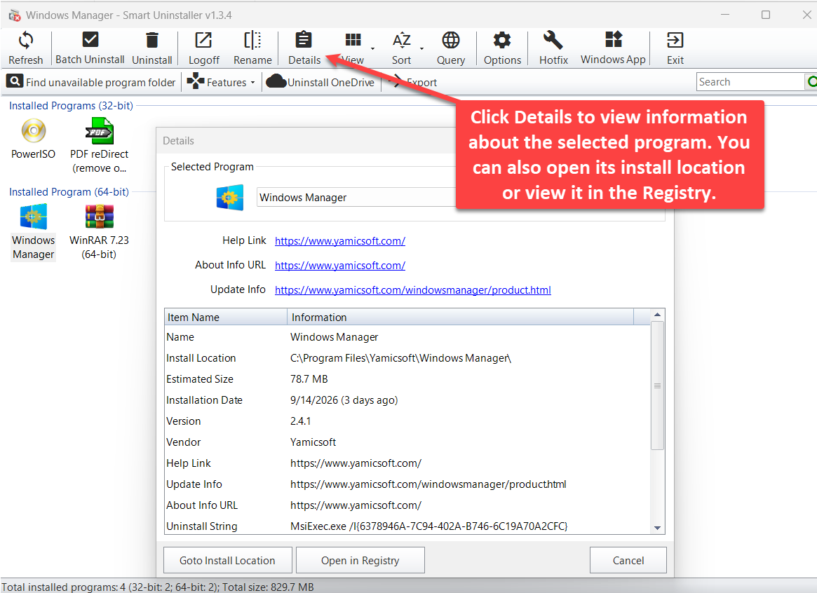 Smart Uninstaller Details: install location, version, uninstall string, and Goto Install Location