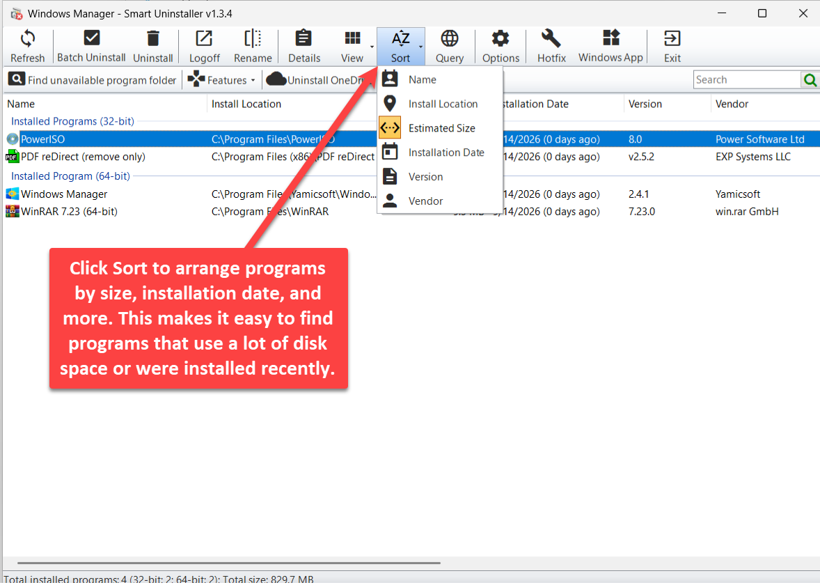Smart Uninstaller Sort menu: arrange by name, estimated size, install date, publisher, and more