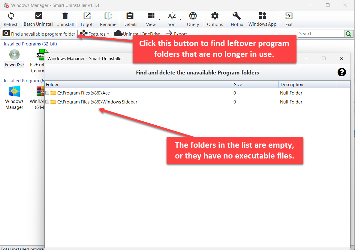 Find invalid program folders: list empty directories or leftover folders with no executables