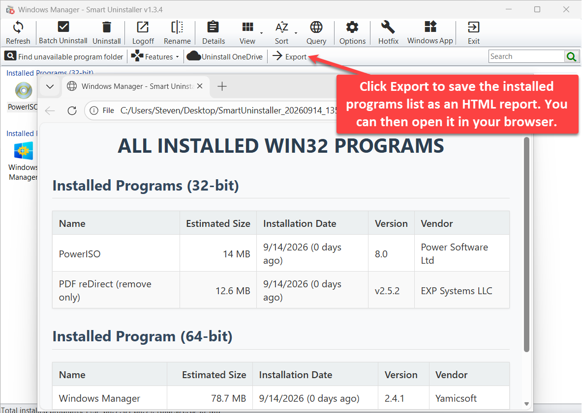 Smart Uninstaller Export: save the installed programs list as an HTML report and open it in the browser