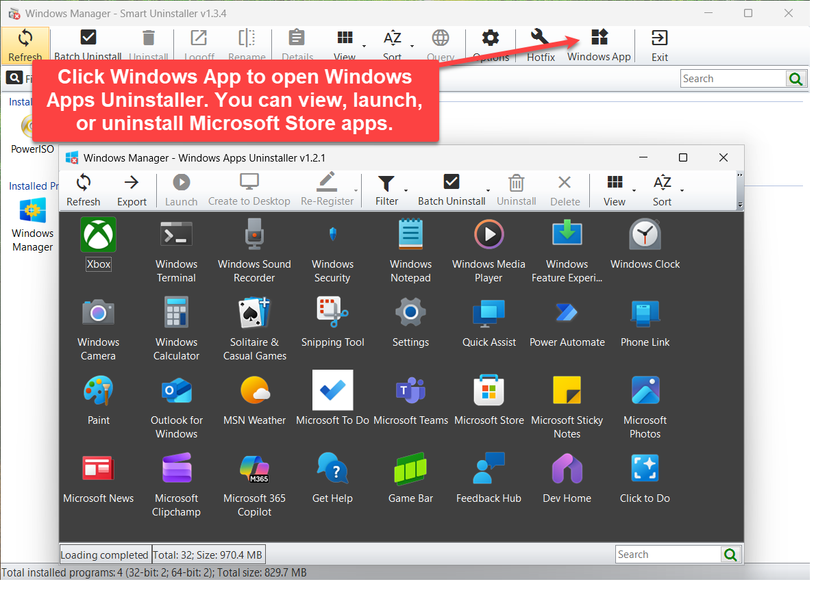 Open Windows Apps Uninstaller from Smart Uninstaller: view, launch, or uninstall Microsoft Store apps