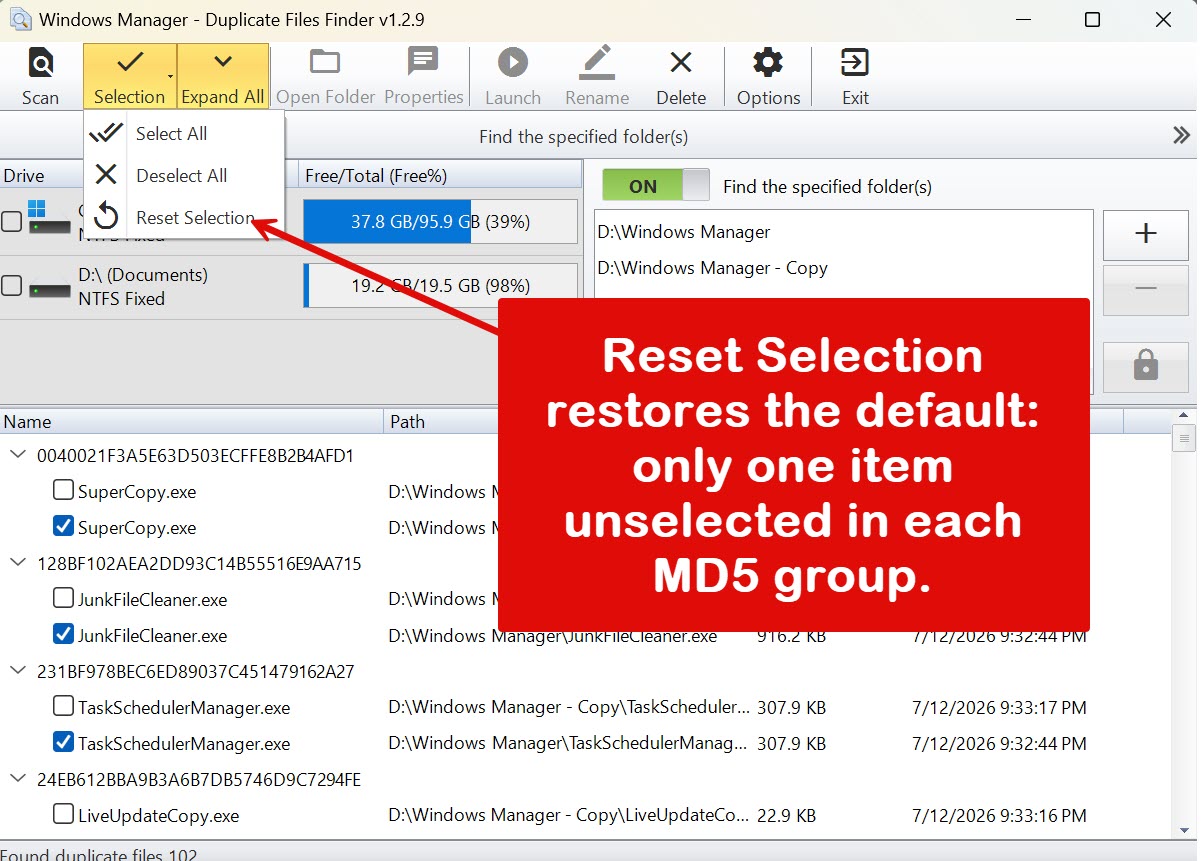 Selection menu: Reset Selection restores the default selection rules