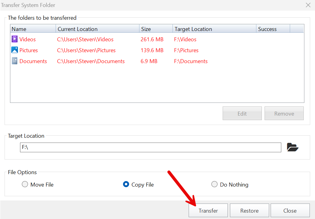 Transfer System Folder dialog: folders to transfer, target location, and file options