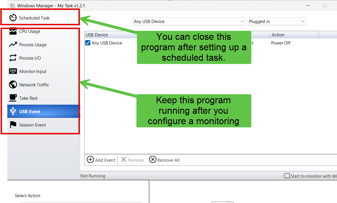 My Task main window: nine tabs on the left, Scheduled Task and Select Action on the right