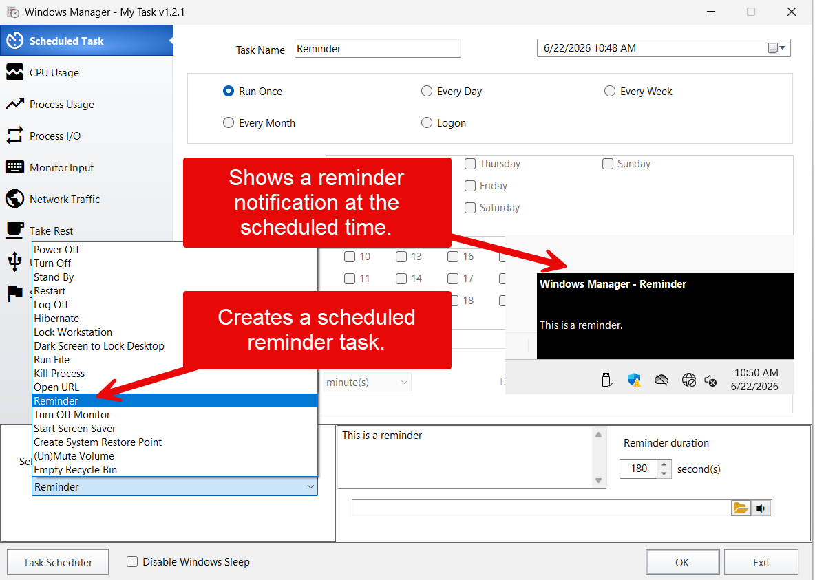 Scheduled Task with Reminder action: reminder text, duration, and notification preview