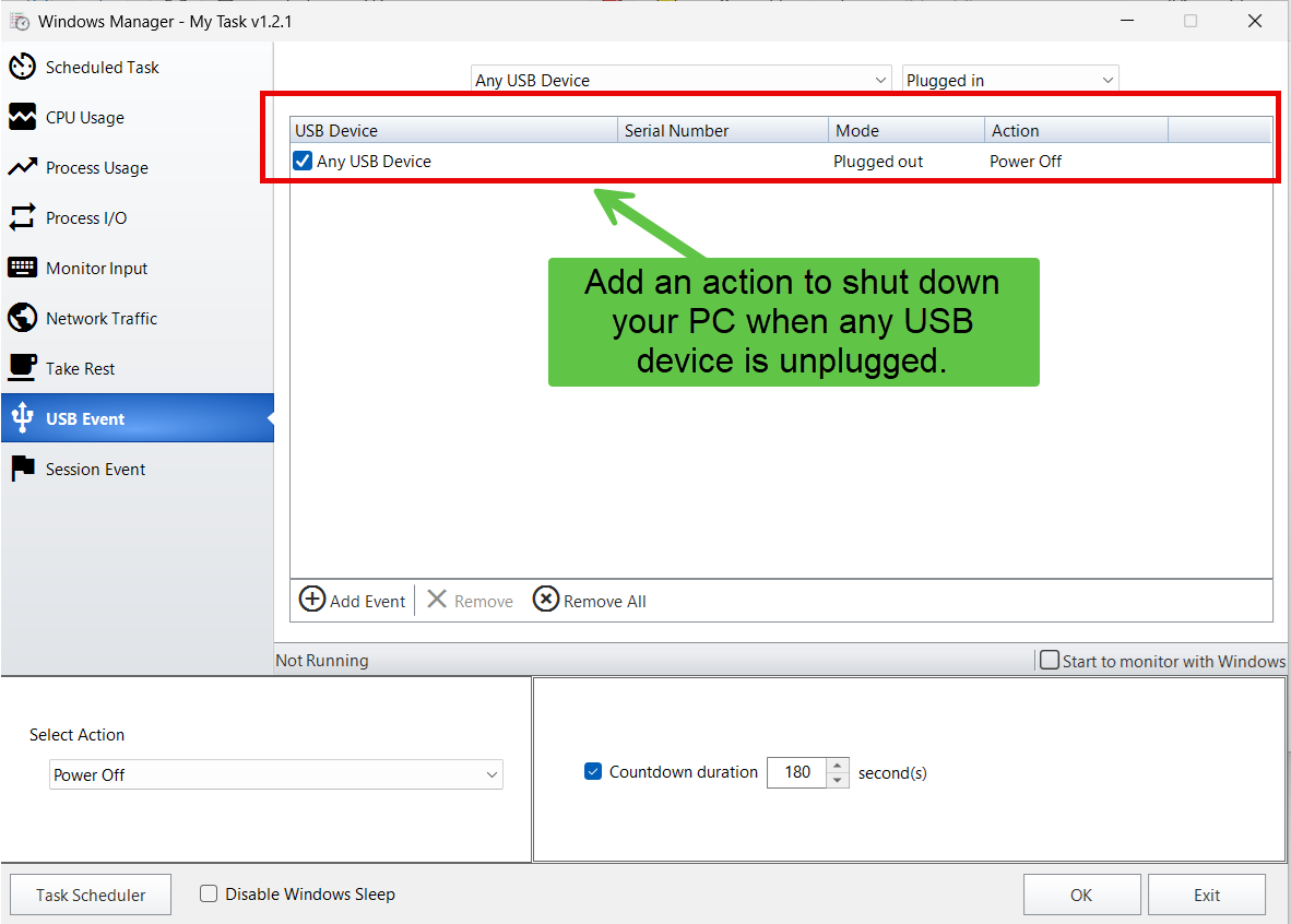 USB Event: device and plug mode, event list, Select Action and countdown