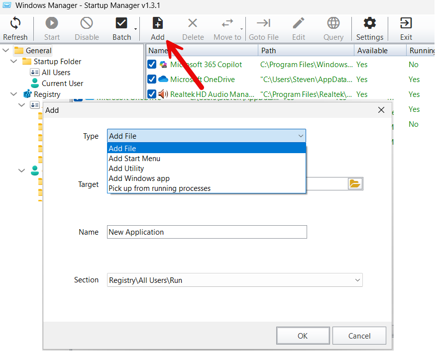 Startup Manager main window: location tree, item list, and Add dialog