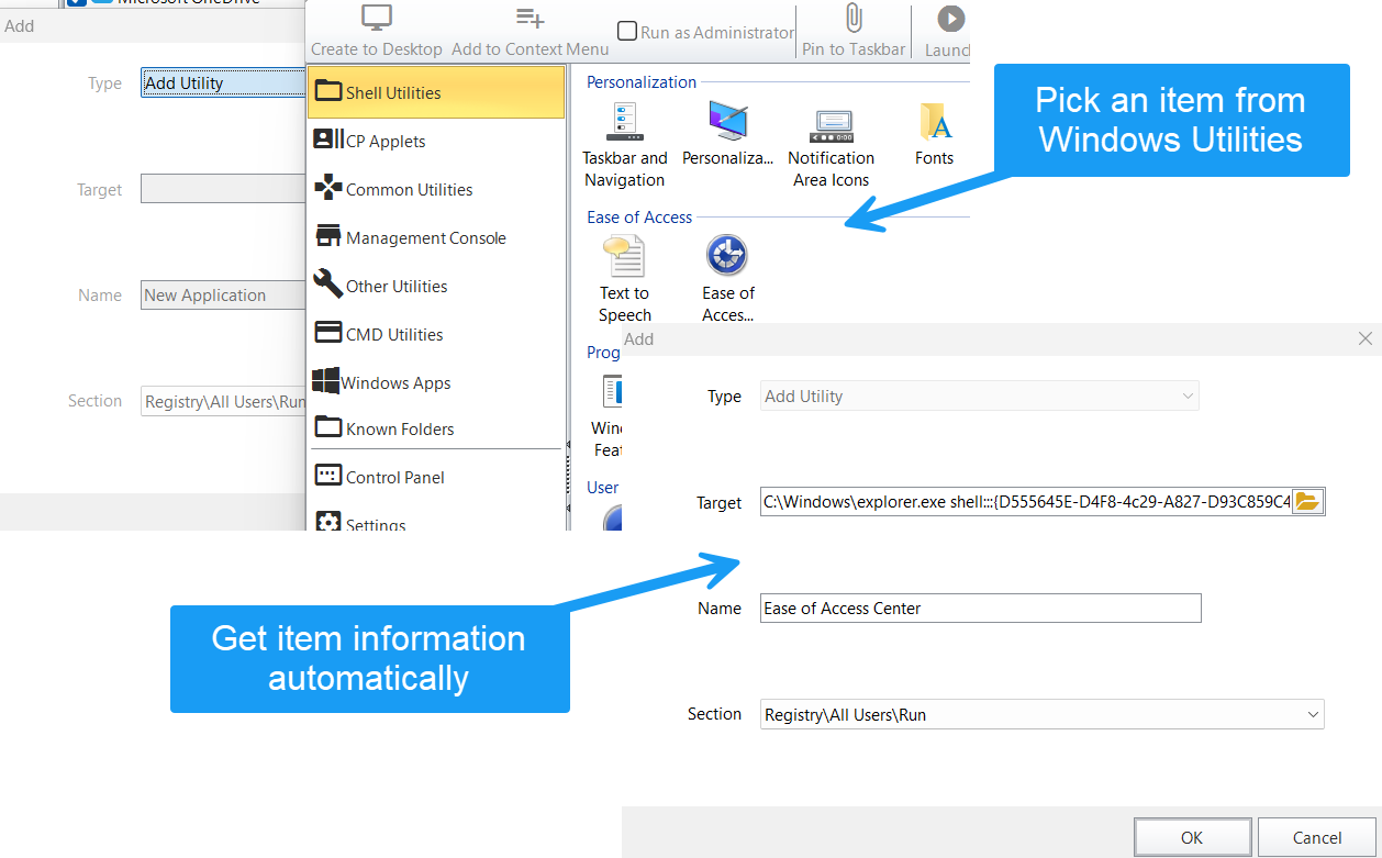 Select a Windows utility; target and name are filled in